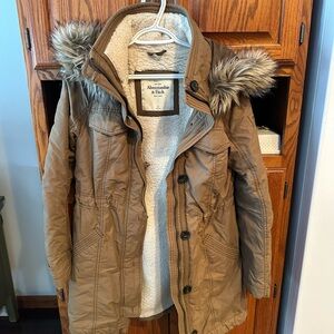 Abercrombie & Fitch Tan Coat with Faux Fur Trim